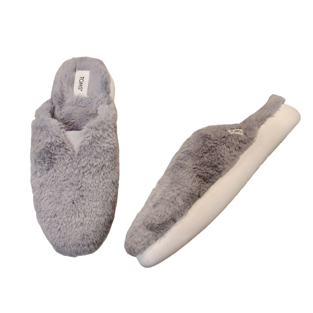 Toms Slippers Grey Faux Fur Alpargata Mallow Mule Womens 7 US